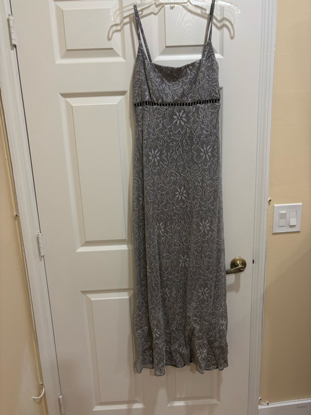 Betsy & Adam Gray Lace-Pattern Maxi Dress with Beaded Waist